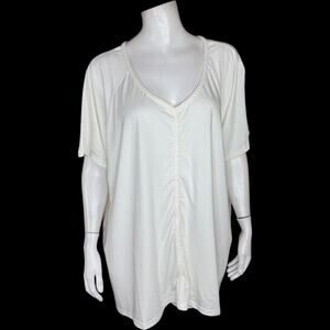 Laurie Felt White Tunic Top 2X Bamboo Cotton V-Neck Braided Trim Stretch NWT